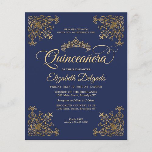 Cheap Vintage Royal Blue Gold Frame Quinceanera Flyer