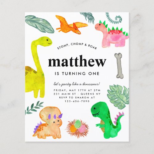 Cheap Watercolor Dino Jungle Dinosaur Birthday Flyer