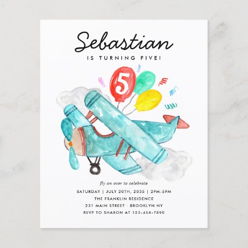 Cheap Watercolor Plane Balloons Kids Birthday Flyer