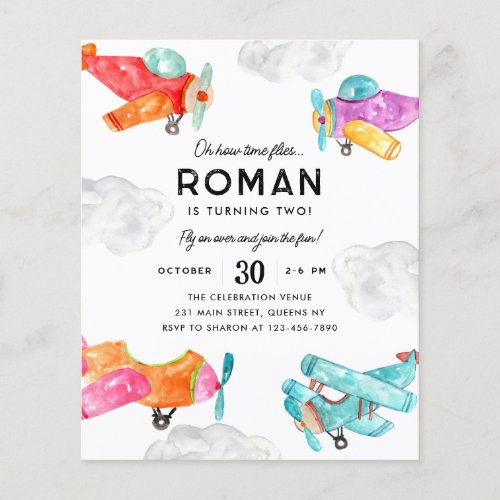 Cheap Watercolor Planes Clouds Airplane Birthday Flyer