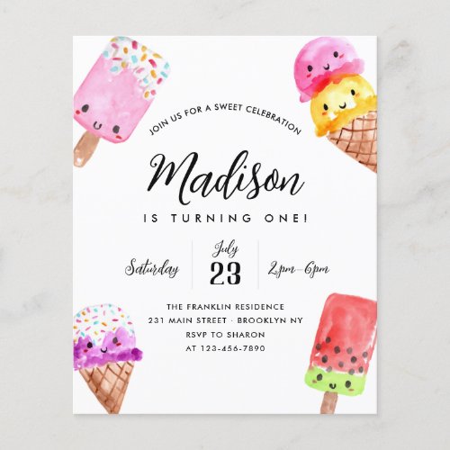 Cheap Watercolor Popsicle Cone Ice Cream Birthday Flyer