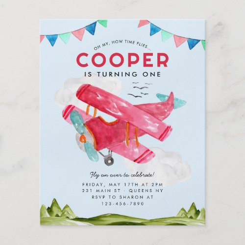 Cheap Watercolor Sky Clouds Red Airplane Birthday Flyer