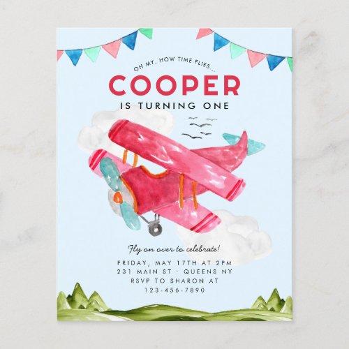 Cheap Watercolor Sky Clouds Red Airplane Birthday Flyer