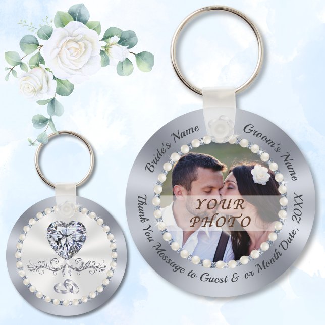 Cheap Wedding Favors for Guests, Diamond, Pearls Keychain (Cheap bridal shower favors. Silver, Wedding Thank Yous with Photo. Diamond and Pearls Wedding theme.)