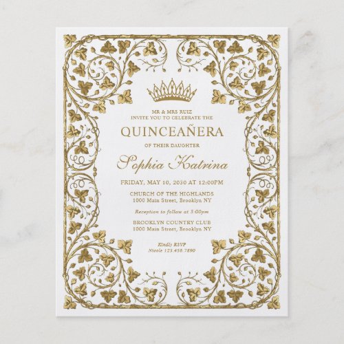 Cheap White Floral Vintage Gold Tiara Quinceanera Flyer
