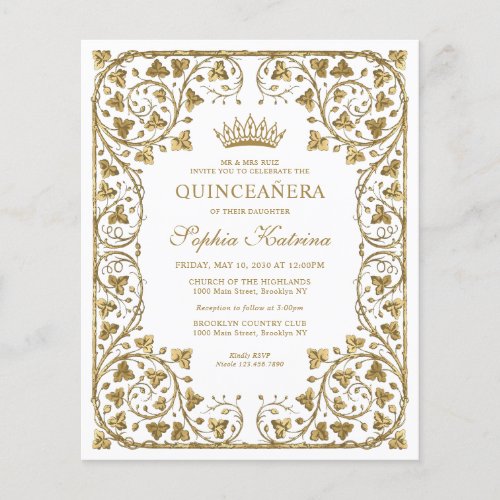 Cheap White Floral Vintage Gold Tiara Quinceanera Flyer
