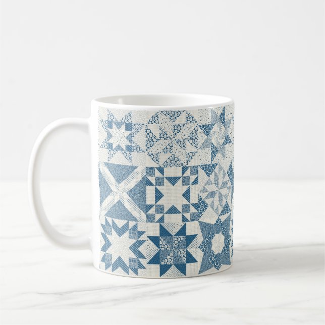 Cheater Traditional Patchwork Stars Quilt Blue Coffee Mug (Left)