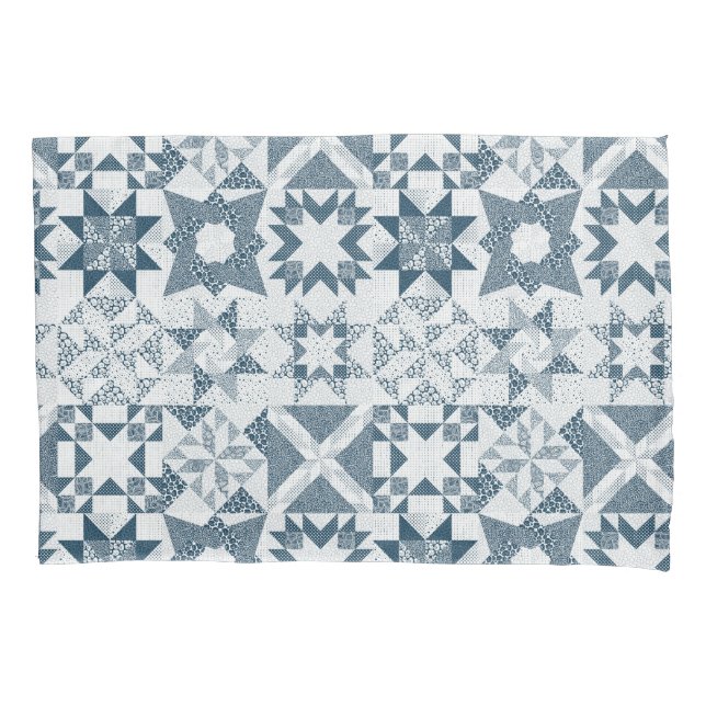Cheater Traditional Patchwork Stars Quilt Blue Pillow Case (Front)