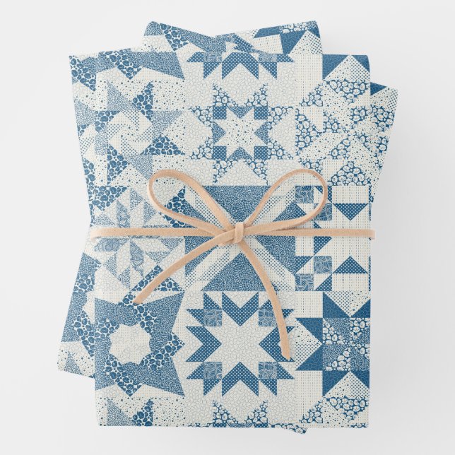 Cheater Traditional Patchwork Stars Quilt Blue Wrapping Paper Sheets (In situ)