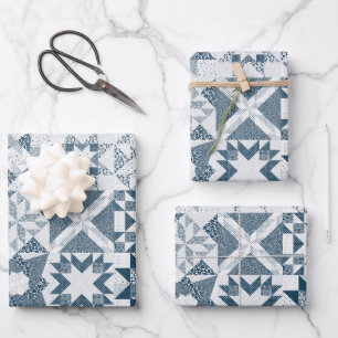 Cheater Traditional Patchwork Stars Quilt Blue Wrapping Paper Sheets