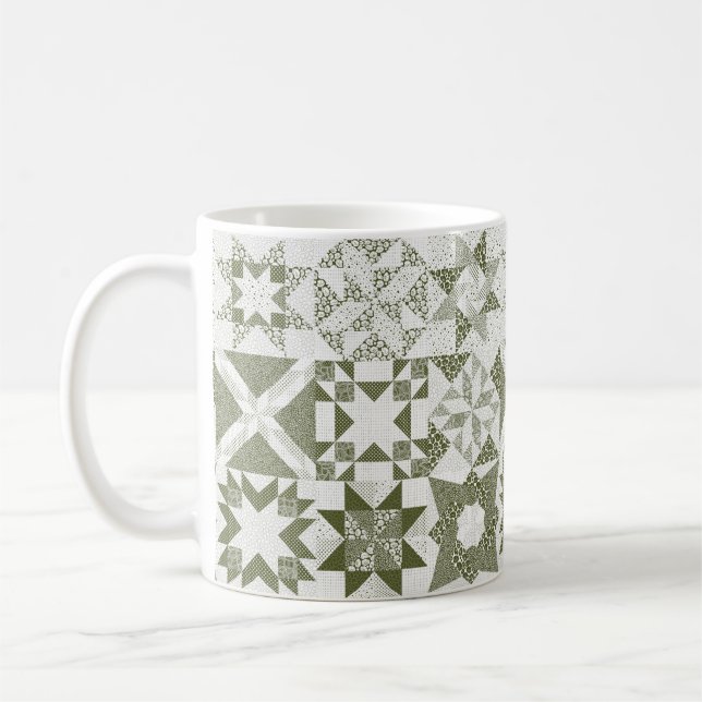 Cheater Traditional Patchwork Stars Quilt Green Coffee Mug (Left)