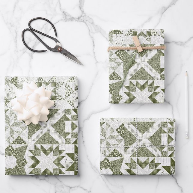 Cheater Traditional Patchwork Stars Quilt Green Wrapping Paper Sheets (Front)