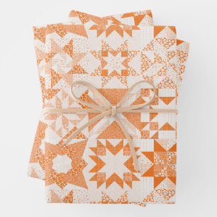 Cheater Traditional Patchwork Stars Quilt Orange Wrapping Paper Sheets