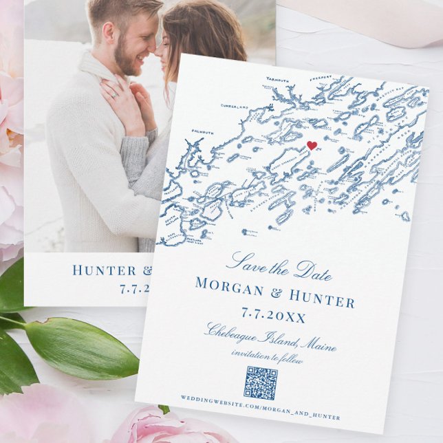 Chebeague Island Maine Elegant QR code Save The Date (These Chebeague Island Map Save the Dates are perfect for your Chebeague Island Inn wedding)