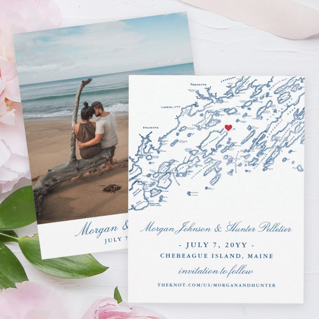 Chebeague Island Maine Elegant Save the Date (These Maine map save the dates will guide your guests to your Chebeague Island Inn Wedding)