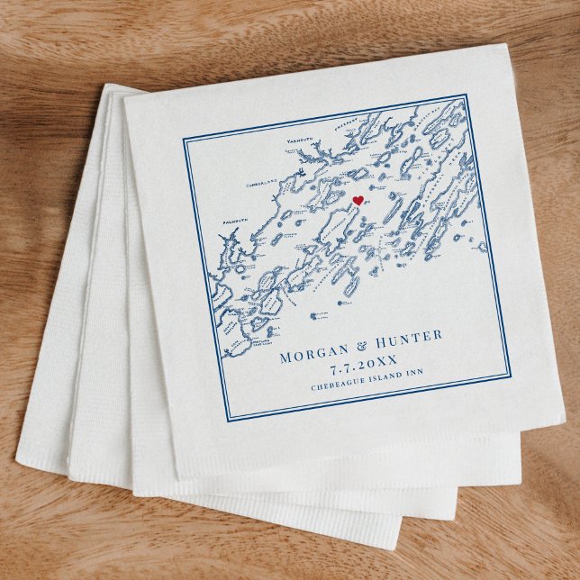 Chebeague Island Maine Map Navy Elegant Wedding Napkins (These Chebeague Island Maine napkins are perfect for your Chebeague Island Inn destination wedding)