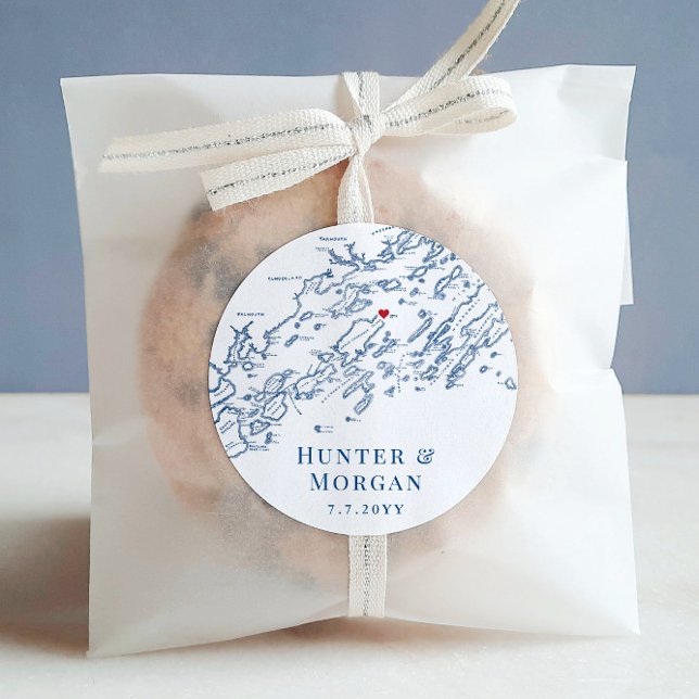 Chebeague Island Maine Map Wedding Favor Classic Round Sticker (These Chebeaugue Island Wedding Favor Stickers are perfect for your casco bay destination wedding)