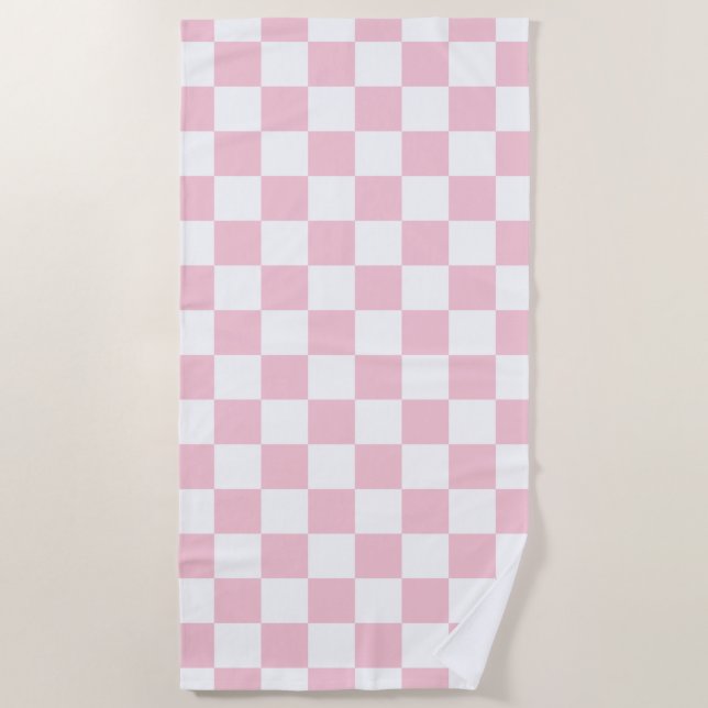 Check Baby Pink And White Checkerboard Pattern Beach Towel (Front)