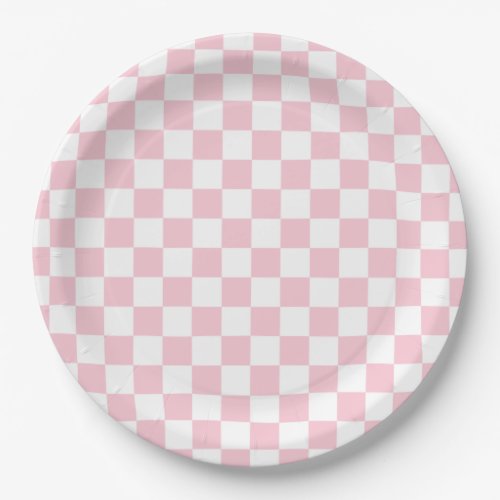 Check Baby Pink And White Checkerboard Pattern Paper Plates
