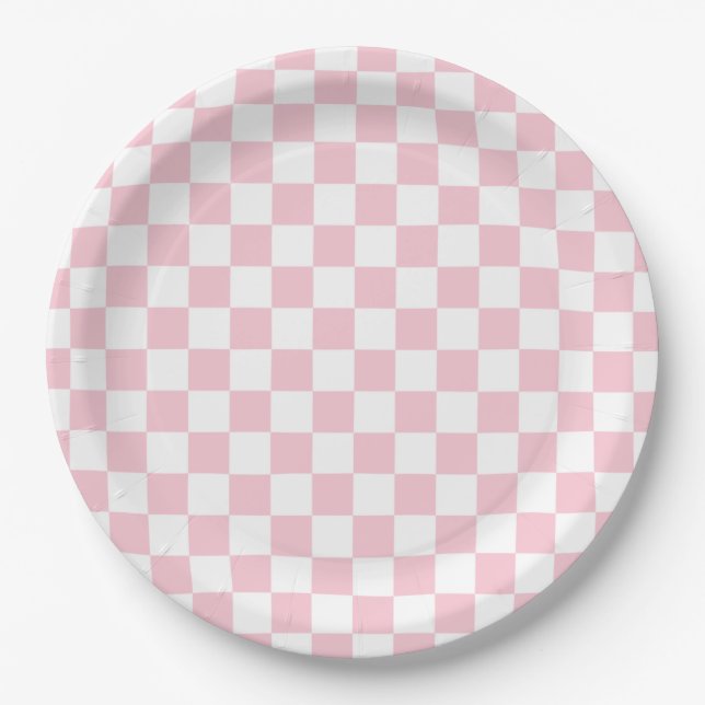 Check Baby Pink And White Checkerboard Pattern Paper Plates (Front)