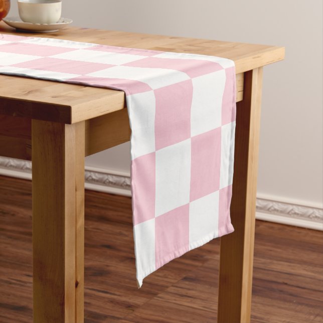 Check Baby Pink And White Checkerboard Pattern Short Table Runner (In Situ)