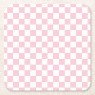 Check Baby Pink And White Checkerboard Pattern Square Paper Coaster