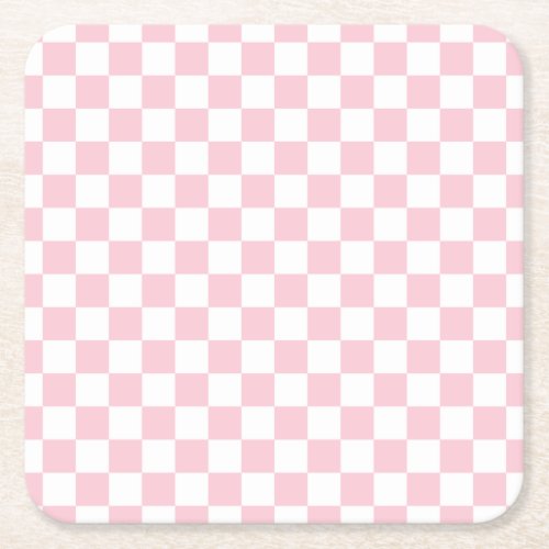 Check Baby Pink And White Checkerboard Pattern Square Paper Coaster