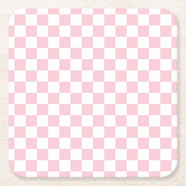 Check Baby Pink And White Checkerboard Pattern Square Paper Coaster (Front)