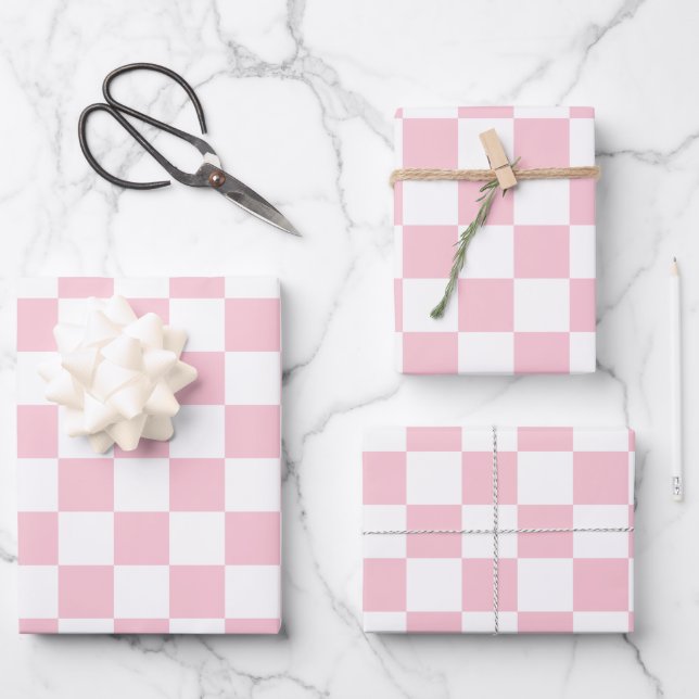 Check Baby Pink And White Checkerboard Pattern Wrapping Paper Sheets (Front)
