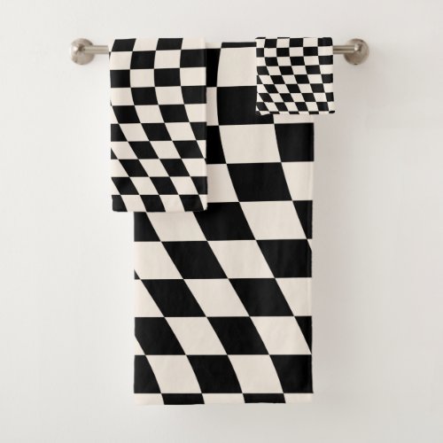 Check Black And Cream White Pattern Checkerboard Bath Towel Set
