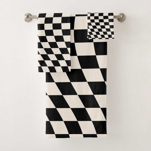 Check Black And Cream White Pattern Checkerboard Bath Towel Set (Insitu)