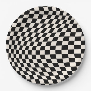 Check Black And Cream White Pattern Checkerboard Paper Plates