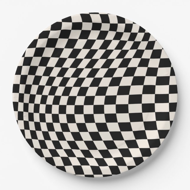 Check Black And Cream White Pattern Checkerboard Paper Plates (Front)