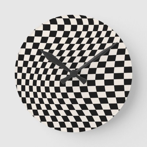 Check Black And Cream White Pattern Checkerboard Round Clock