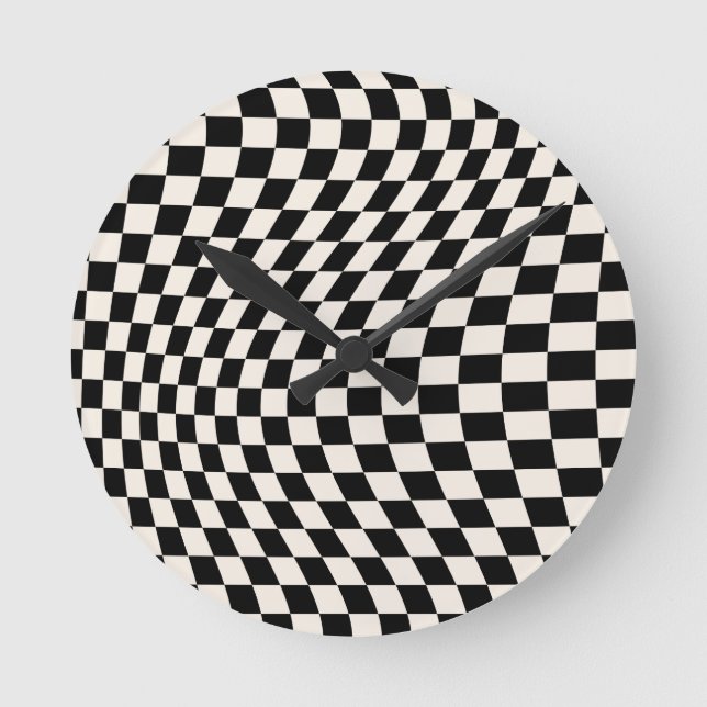 Check Black And Cream White Pattern Checkerboard Round Clock (Front)