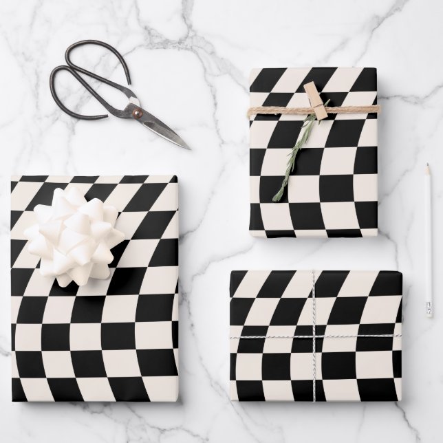 Check Black And Cream White Pattern Checkerboard Wrapping Paper Sheets (Front)