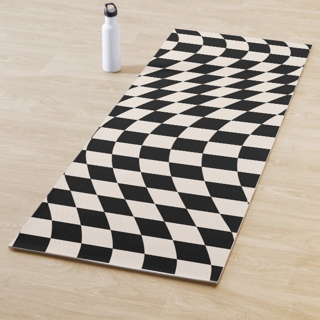 Check Black And Cream White Pattern Checkerboard Yoga Mat (In Situ)