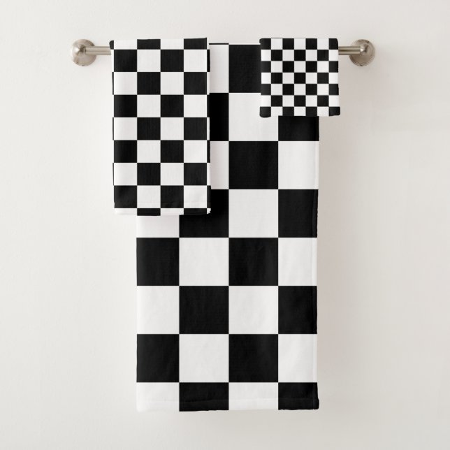Check Black White Checkered Pattern Checkerboard Bath Towel Set (Insitu)
