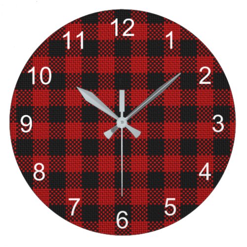 Check Buffalo Plaid Pattern Rustic Red Black Large Clock