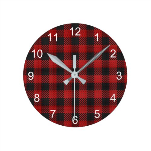 Check Buffalo Plaid Pattern Rustic Red Black Round Clock