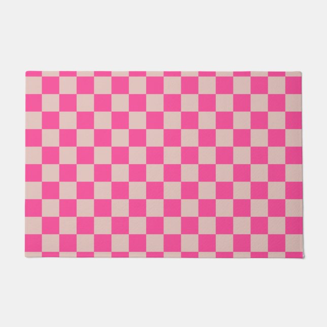 Check Coral Pink Checkered Pattern Checkerboard Doormat (Front)