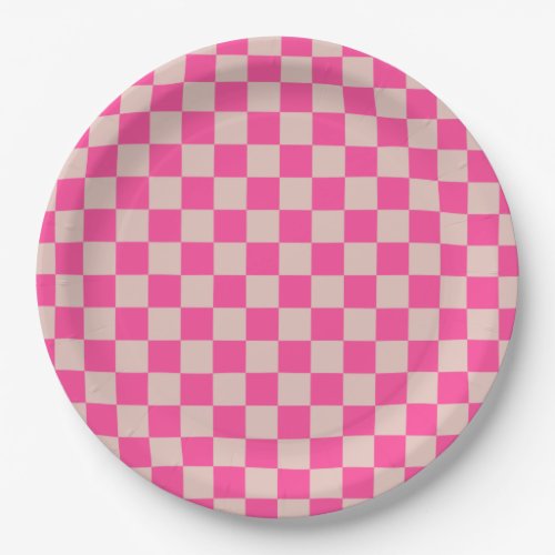 Check Coral Pink Checkered Pattern Checkerboard Paper Plates