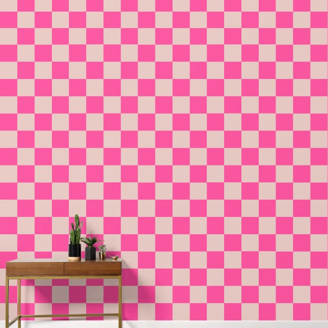 Check Coral Pink Checkered Pattern Checkerboard Wallpaper (Hallway)