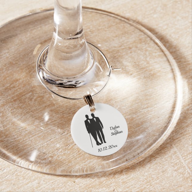 Check Gay Wedding Grooms with Names and Date Wine Charm (In Situ)