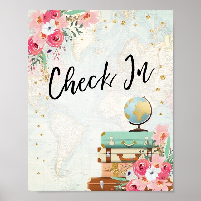 Check In Travel Adventure Bridal Shower Pink Poster (Front)
