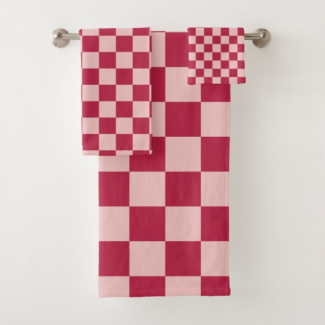 Check Magenta And Peach Pattern Checkerboard Bath Towel Set (Insitu)