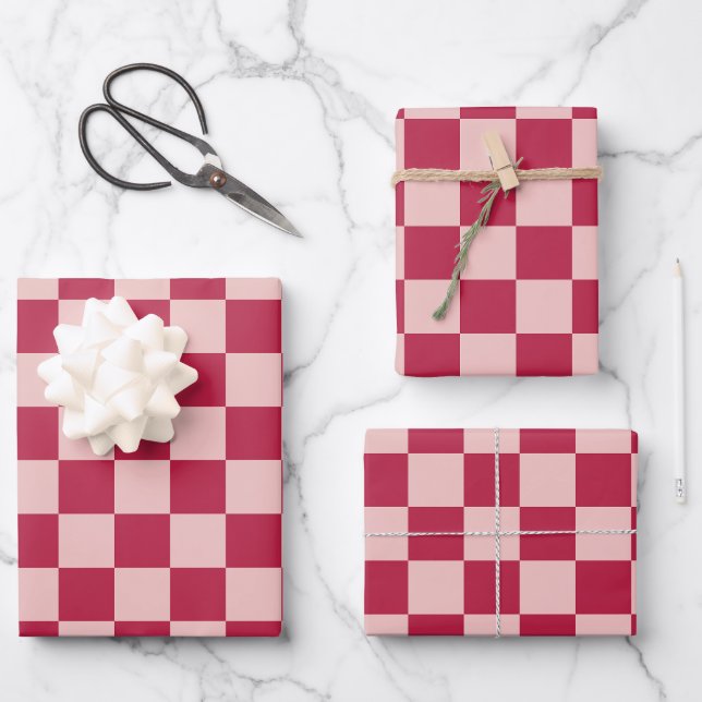 Check Magenta And Peach Pattern Checkerboard Wrapping Paper Sheets (Front)
