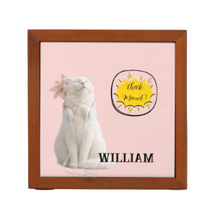 CHECK MEO White Cat with Headphones – Personalized Desk Organizer