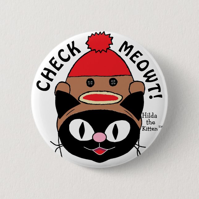 CHECK MEOWT! Black Cartoon Cat w/ Sock Monkey Hat Button (Front)