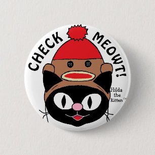 CHECK MEOWT! Black Cartoon Cat w/ Sock Monkey Hat Button